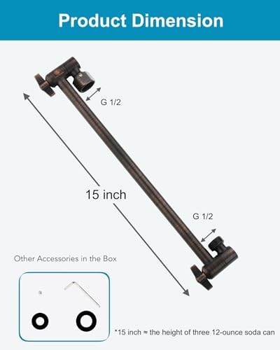 15 Inch Extra Long Adjustable Shower Head Extension Arm With Locking Set Screw, Singing Rain 304 Stainless Steel Angle Height Adjustable, G1/2 Universal Connector Compatible (Oil Rubber Bronze)