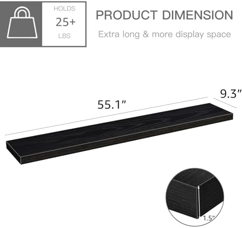 QEEIG Floating Shelves for Wall 55.1" Extra Long - Wall Mounted Shelf Bathroom Kitchen Living Room Bedroom Farmhouse Home Decor Display Bookshelf Large 55.1 x 9.3 inch Set of 2, Black (008-140B)