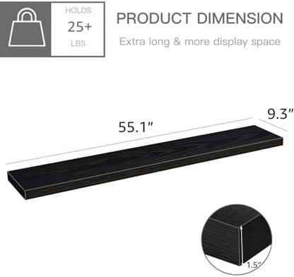 QEEIG Floating Shelves for Wall 55.1" Extra Long - Wall Mounted Shelf Bathroom Kitchen Living Room Bedroom Farmhouse Home Decor Display Bookshelf Large 55.1 x 9.3 inch Set of 2, Black (008-140B)