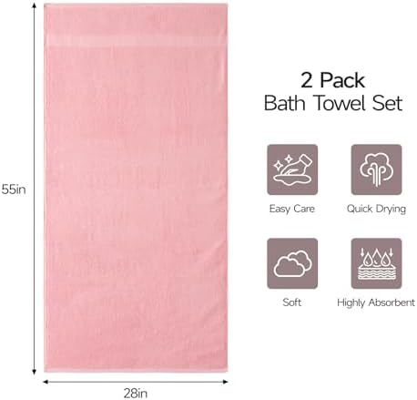 ecolook 2 Pack 100% Cotton Bath Towels, 28 x 55 Inches, Soft