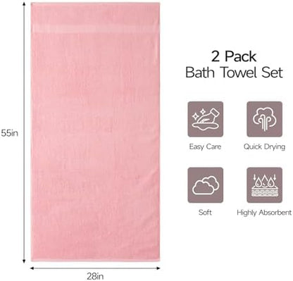 ecolook 2 Pack 100% Cotton Bath Towels, 28 x 55 Inches, Soft