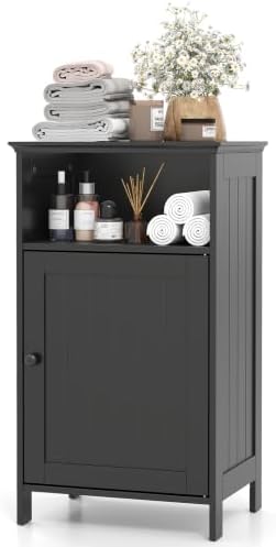 LDAILY Bathroom Cabinet, Freestanding Small Cabinet with Door, 3-Position Adjustable and Removable Shelf, Anti-Tipping Device, Wooden Floor Organizer for Bathroom, Kitchen, Office (Dark)