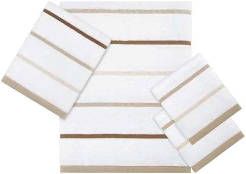 IZOD – Towel Set, Plush Ringspun Cotton Blend Bath Towel, Hand Towel & Washcloths, Striped Design, Set of 4 (Sandbar Linen)
