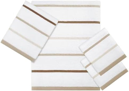 IZOD – Towel Set, Plush Ringspun Cotton Blend Bath Towel, Hand Towel & Washcloths, Striped Design, Set of 4 (Sandbar Linen)