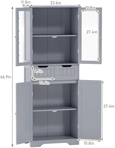 Betterhood 67" Tall Bathroom Storage Cabinet, Freestanding Cabinet with Glass Doors and Shelves, Large Bathroom Pantry with 2 Drawers for Living Room, Kitchen, Dining Room, Office, Gray