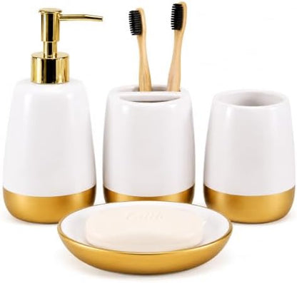 4-Piece Ceramic Bathroom Accessories Set, White and Gold Bathroom Set with Soap Dispenser, Toothbrush Holder, Tumbler and Soap Dish, Modern Vanity Countertop Decor