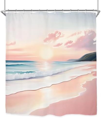 Miyotaa Pink Coastal Beach Shower Curtain Set 60Wx71H Inches Ocean Summer Landscape Scenery Waves Sunset Waterproof Bathroom Curtain with 12 Hooks