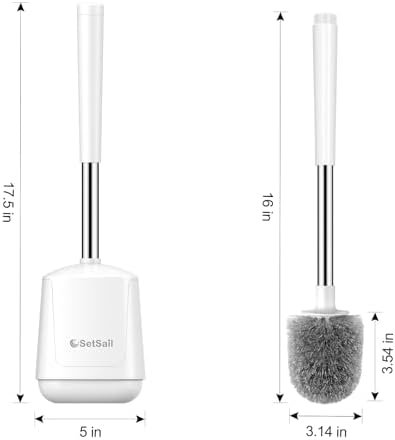 SetSail Toilet Brush 2 Pack, Self Closing Lid Toilet Bowl Brushes Holder and Extra Long Handle Ventilated Toilet Brush Set for Bathroom Cleaning, Nylon Bristles, Pure White