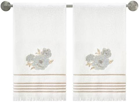 Nicole Miller – Bath Towels, Ringspun Cotton Terry with Embroidered Floral Design, Striped Trim and Brush Fringe Finish, Set of 2 (Camille)