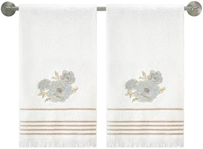 Nicole Miller – Bath Towels, Ringspun Cotton Terry with Embroidered Floral Design, Striped Trim and Brush Fringe Finish, Set of 2 (Camille)