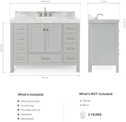 ARIEL Cambridge 48-inch Bathroom Vanity with Sink,Solid Wood, 2-inch Italian Carrara Marble Countertop, Single Rectangular Porcelain Sink, 2 Soft Closing Doors, 9 Dovetail Drawers, Grey