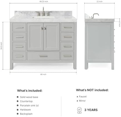 ARIEL Cambridge 48-inch Bathroom Vanity with Sink,Solid Wood, 2-inch Italian Carrara Marble Countertop, Single Rectangular Porcelain Sink, 2 Soft Closing Doors, 9 Dovetail Drawers, Grey
