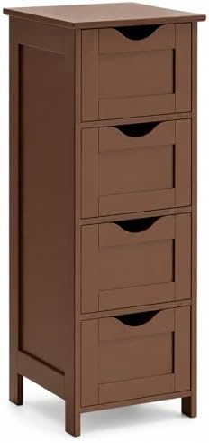 VINGLI 4-Drawer Bathroom Storage Cabinet, Slim Freestanding Floor Cabinet Organizer, 11.8" W x 11.8" D x 32.1" H, Narrow Linen Cabinet for Toiletries, Towels, Toilet Paper, Walnut Brown