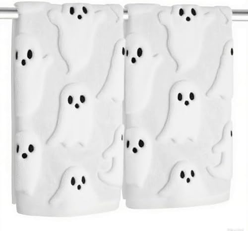 2 Pack Halloween Hand Towels 100% Cotton Jacquard Ghost Halloween Kitchen Towels White Bathroom Towels Set Seasonal Bathroom Decor (White Ghost, Halloween)