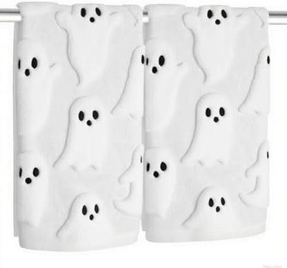 2 Pack Halloween Hand Towels 100% Cotton Jacquard Ghost Halloween Kitchen Towels White Bathroom Towels Set Seasonal Bathroom Decor (White Ghost, Halloween)