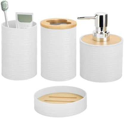 RRM 4 Piece Bamboo Bathroom Accessories Set, Boho Bathroom Decor, White