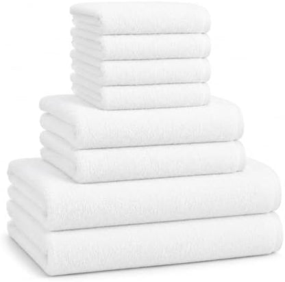 BIOLINEN White Towel Set 8 Piece Bathroom Set, 2 Bath Towels 2 Hand Towels 4 Washcloths, 100% Cotton Soft Absorbent Towel Sets for Bathroom Gym Spa