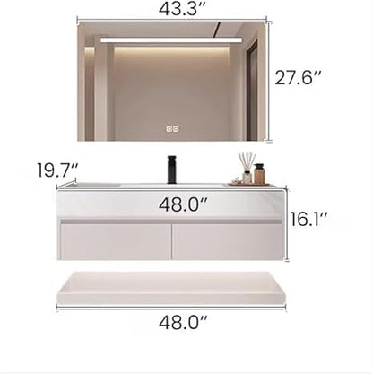 48" Bathroom Vanity with Sink, Single Sink Bathroom Vanity with Smart LED Defog Mirror, Ceramic Sink, Wall Mounted Floating, Soft Closing, Fully Pre-Assembled, Ample Storage, Mirror Set