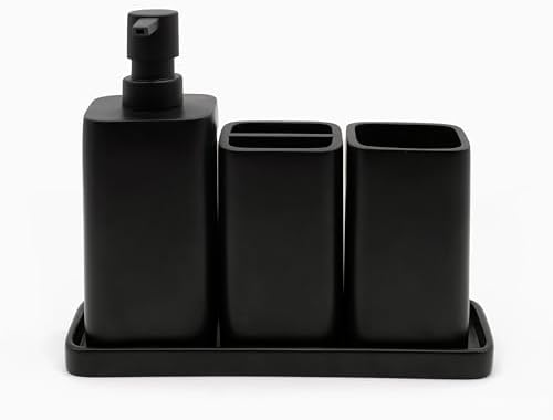 ZCCZ Bathroom Accessory Sets, 4 Pieces Bathroom Accessories Complete Set Vanity Countertop Accessory Set, Includes Lotion Dispenser Soap Pump, Tumbler, Toothbrush Holder and Tray (Matte Black)