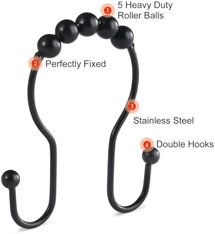Goowin Shower Curtain Hooks, 12 Pcs Shower Curtain Rings, Stainless Steel Black Shower Curtain Hooks, Shower Curtain Rings Rust Proof, Smooth Sliding Anti-Drop Double Shower Rings for Curtain (Black)
