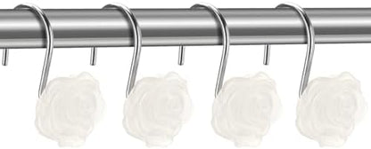 Rose Shower Curtain Hooks, Glow in The Dark, Pretty Floral Themed Elegant Bathroom Decor, White