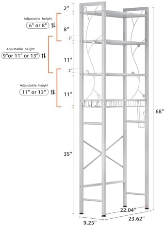 Over-The-Toilet Storage Rack, 4-Tier Bathroom Organizer Shelf Over Toilet with Adjustable Shelf and Basket, Freestanding Space Saver Bathroom Shelves Above Toilet for Room (Pure White)