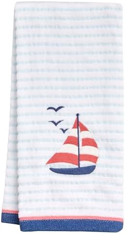 Ritz 2-Piece Cotton Velour Bathroom Hand Towel Set, Embroidered Sailboat Design, Blue Pinstripe Decorative Towels for Lake House, Beach, Coastal Decor, 16” x 26”