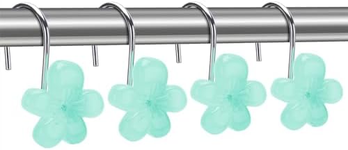 Cute Flower Shower Curtain Hooks, Glow in The Dark, Pretty Floral Themed Elegant Bathroom Decor, Teal