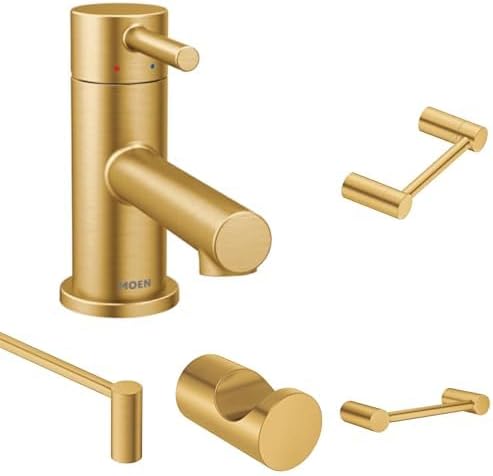 Moen Align Brushed Gold Bathroom Set - Single Handle Faucet with 24" Towel Bar, 9" Hand Towel Bar, Toilet Paper Holder & Robe Hook
