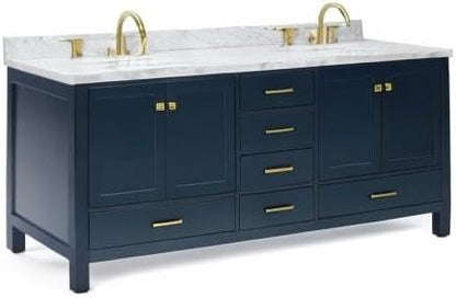 ARIEL Cambridge 72-inch Bathroom Vanity with Sink,Solid Wood, 1.5-inch Italian Carrara Marble Countertop, Double Oval Porcelain Sink, 4 Soft Closing Doors, 6 Dovetail Drawers, Midnight Blue