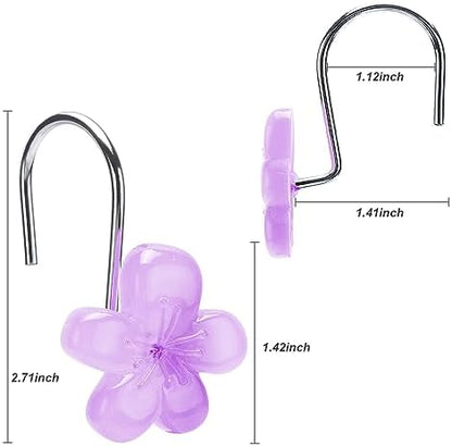 Cute Flower Shower Curtain Hooks, Glow in The Dark, Pretty Floral Themed Elegant Bathroom Decor, Purple