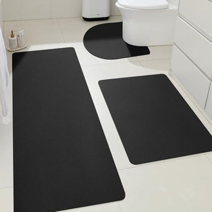 ACCUMTEK Non Slip Bath Mat, Thin Bathroom Rugs Fit Under Door, Quick Dry Bath Mats, Machine Washable Bath Rugs for Bathroom, Bathtub & Kitchen, Bathtub, Black/Solid/3 Piece