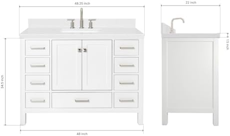ARIEL Cambridge 48-inch Bathroom Vanity with Sink,Solid Wood, 1.5-inch Carrara White Quartz Countertop, Single Rectangular Porcelain Sink, 2 Soft Closing Doors, 9 Dovetail Drawers, White