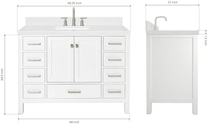 ARIEL Cambridge 48-inch Bathroom Vanity with Sink,Solid Wood, 1.5-inch Carrara White Quartz Countertop, Single Rectangular Porcelain Sink, 2 Soft Closing Doors, 9 Dovetail Drawers, White