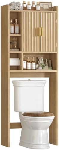 TEENFON Over The Toilet Storage Cabinet with 4 Open Shelves and Adjustable Shelf, Extra Tall Bathroom Organizer Unit with 2 Wood Doors, Home Space Saver for Bathroom, Laundry Room, Natural