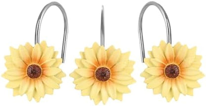 Daisy Flower Shower Curtain Hooks, 12PCS Stainless Steel Anti Rust Sunflower Shower Curtain Hooks Floral Decorative Curtain Hanger Hooks for Living Room Bathroom Decor (Yellow)