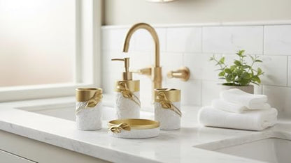 Hymmah Bathroom Accessories Set,Golden Design Toothbrush Holder,Farmhouse Bathroom Decor,4 Pcs Resin Gift Set Apartment Necessities, Contain Toothbrush Cup,Soap Dispenser,Soap Dish,Tumbler