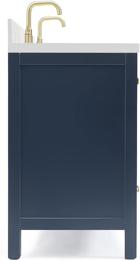 ARIEL Cambridge 60-inch Bathroom Vanity with Sink,Solid Wood, 1.5-inch Pure White Quartz Countertop, Double Rectangular Porcelain Sink, 4 Soft Closing Doors, 6 Dovetail Drawers, Midnight Blue