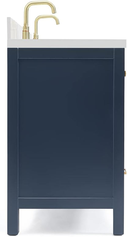 ARIEL Cambridge 60-inch Bathroom Vanity with Sink,Solid Wood, 1.5-inch Pure White Quartz Countertop, Double Rectangular Porcelain Sink, 4 Soft Closing Doors, 6 Dovetail Drawers, Midnight Blue
