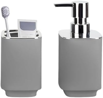 Grey Bathroom Accessories 2 Pcs, Soap Dispenser and Toothbrush Holder Set