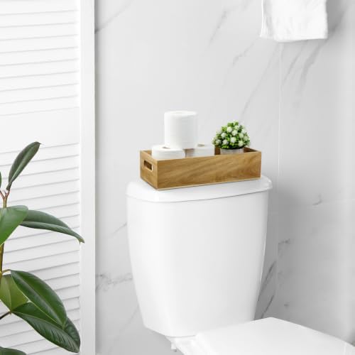 ALELION 15 Inch Acacia Wood Bathroom Storage Basket with Handles, Toilet Paper Basket for Back of Toilet Tank Top, Wooden Organizer Tray for Bathroom Countertop, Vanity, Kitchen, Pantry, Laundry Room
