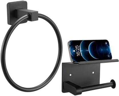 Matte Black Bathroom Hardware Set, Stainless Steel Wall Mounted Towel Hooks, Ring & Oversized Toilet Paper Holder with Shelf, Modern Home Accessories for Bathroom, Washroom, Kitchens and RVs
