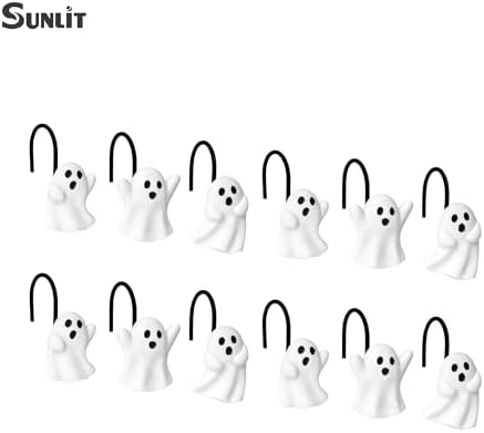 Sunlit Ghost Shower Curtain Hooks, Home Decorative Shower Curtain Rings for Bathroom, Halloween Shower Curtain Hangers Bathroom Accessories, Set of 12