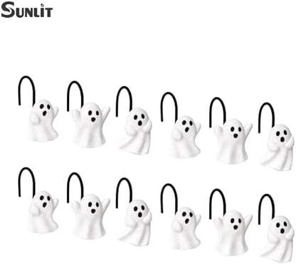 Sunlit Ghost Shower Curtain Hooks, Home Decorative Shower Curtain Rings for Bathroom, Halloween Shower Curtain Hangers Bathroom Accessories, Set of 12