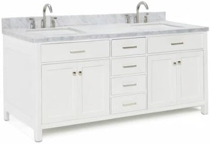 ARIEL Bristol 72-inch Bathroom Vanity with Sink,Solid Wood, 1.5-inch Italian Carrara Marble Countertop, Double Rectangular Porcelain Sink, 4 Soft Closing Doors, 4 Dovetail Drawers, White