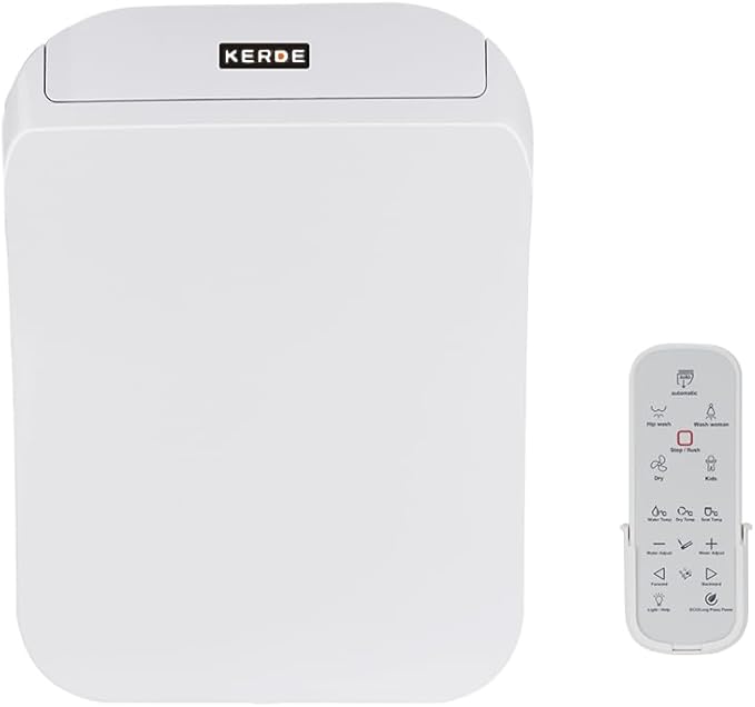 KERDE 08A Electric Bidet Toilet Seat,Remote Control,Warm Water Cleansing, Heated Seat,Adjustable Temperature Settings, Moving Nozzle Massage,White,Night Light,Bidets for Existing Toilets.Square