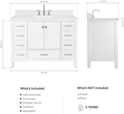 ARIEL Cambridge 48-inch Bathroom Vanity with Sink,Solid Wood, 1.5-inch Carrara White Quartz Countertop, Single Rectangular Porcelain Sink, 2 Soft Closing Doors, 9 Dovetail Drawers, White
