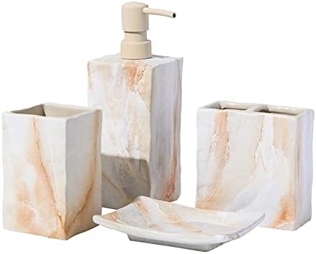 RQYIXI Ceramic Bathroom Accessories Set,Beige,4 Piece,Marble Design