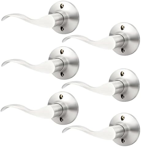 GOBEKOR 6 Pack Half Dummy Lever Door Handles Brushed Nickel Wave Left-Handed Door Lever Non-Turning Lock Interior Closet French Door Handles