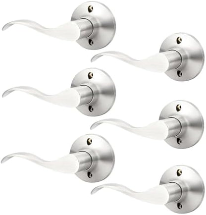 GOBEKOR 6 Pack Half Dummy Lever Door Handles Brushed Nickel Wave Left-Handed Door Lever Non-Turning Lock Interior Closet French Door Handles